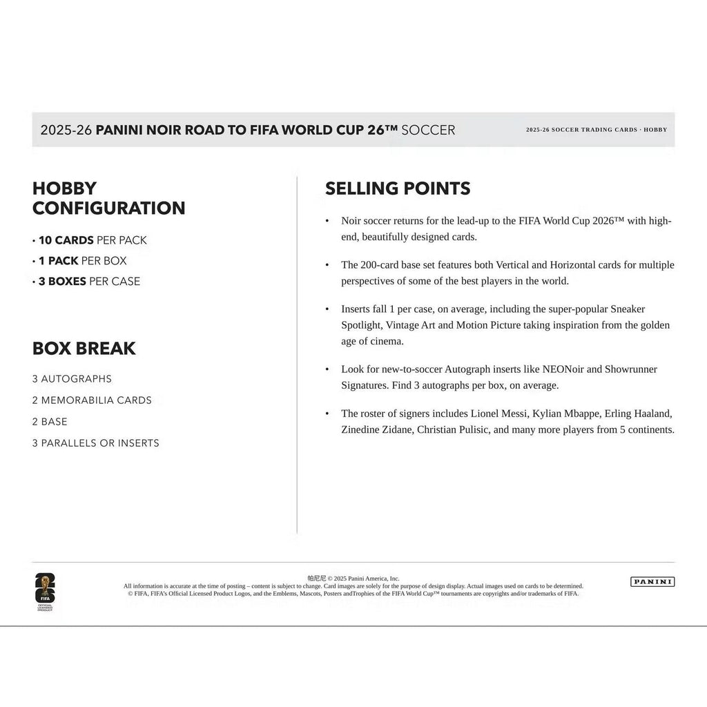 2025-26 Panini Noir Road to FIFA World Cup Soccer Hobby 3-Box Case